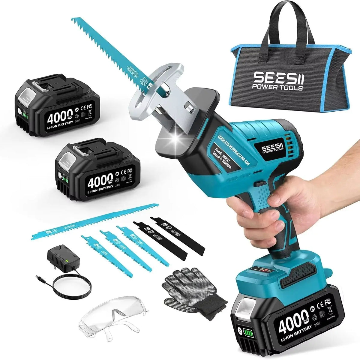 SEESII Cordless Reciprocating Saw, Variable Speed, 3500 RPM Brushless Motor, Portable Saw with 6 Saw Blades, 2 x 4.0Ah Batteries, For Wood & PVC Cutting