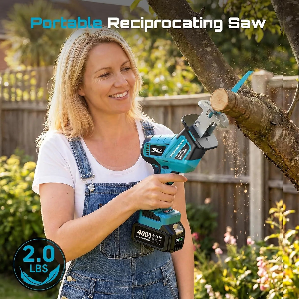 SEESII Cordless Reciprocating Saw, Variable Speed, 3500 RPM Brushless Motor, Portable Saw with 6 Saw Blades, 2 x 4.0Ah Batteries, For Wood & PVC Cutting