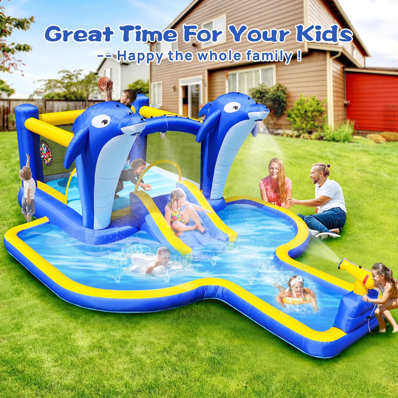 8 in1 Inflatable Slide Water Park Trampoline Bouncing House Outdoor Garden With Dolphin Sprinkler Target Games Water Gun Basketball