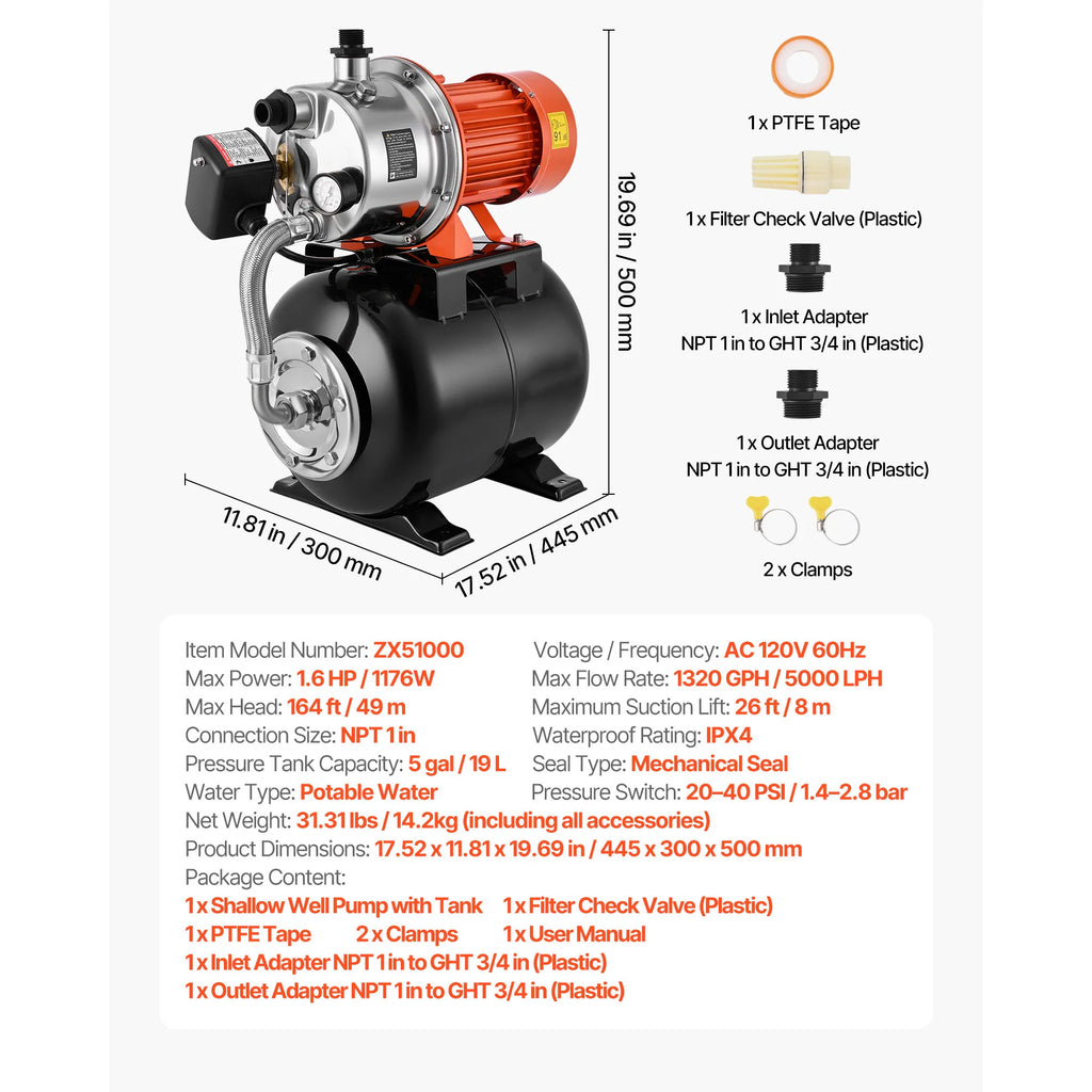 SucceBuy 1.6 HP Shallow Well Pump with Pressure Tank 120V 1320 GPH Stainless with 5Gal Pressure Tank for Home Lawn Potable Water
