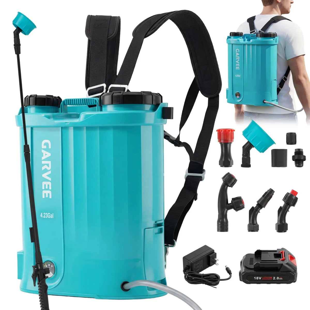 Garvee Battery Powered Backpack Sprayer 2.64/3.17/4.23 Gal, 18V Electric Garden Sprayer With 0-65 PSI, 5 Nozzles For Lawn Weeding