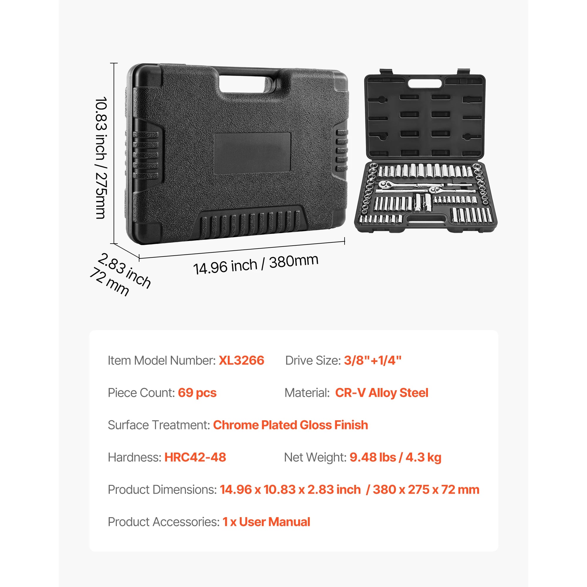 SucceBuy Socket Set, 76 Pieces 3/8, 1/4, 1/2in Drive Socket and Ratchet Set, SAE & Metric Mechanic Tool Kit