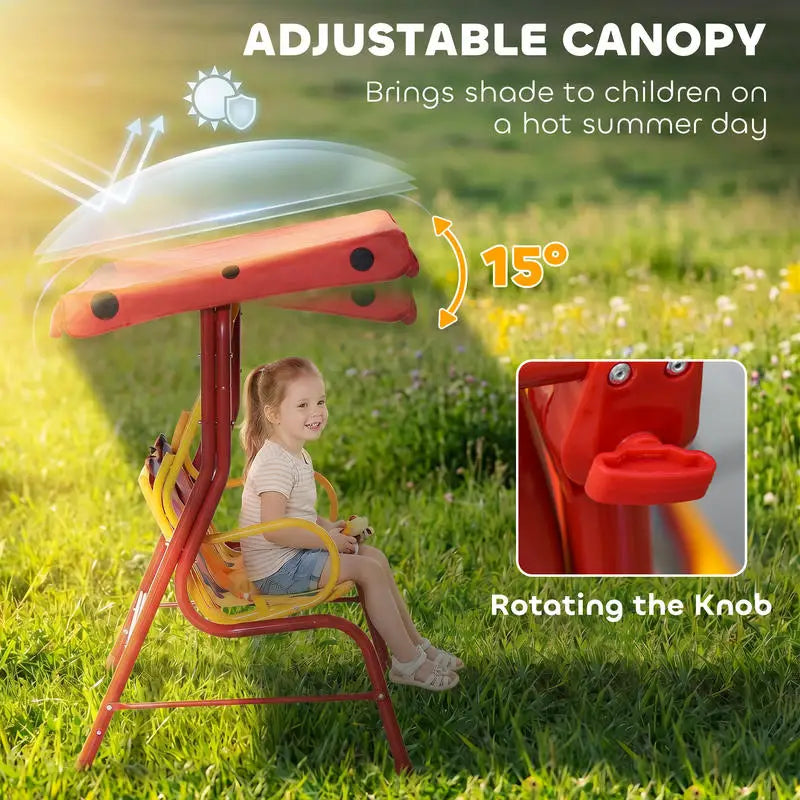 Outsunny Kids Patio Swing, Adjustable Canopy Swing Glider, Kids Outdoor Swing Chair with 2 Seats, Seat-Belted Safety, Red