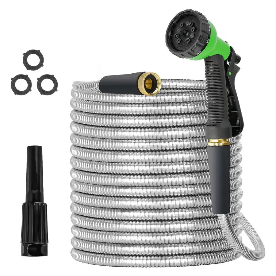 100ft Stainless Steel Water Hose, Brass Fittings, Sprayer Nozzle, No Kink, Rust Proof