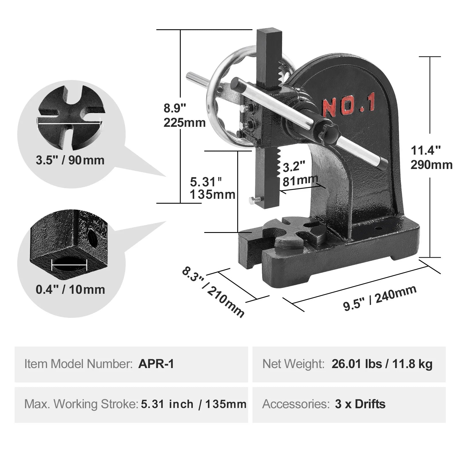 1 Ton Manual Arbor Press with Handwheel, Cast Iron, Heavy-duty, Tabletop