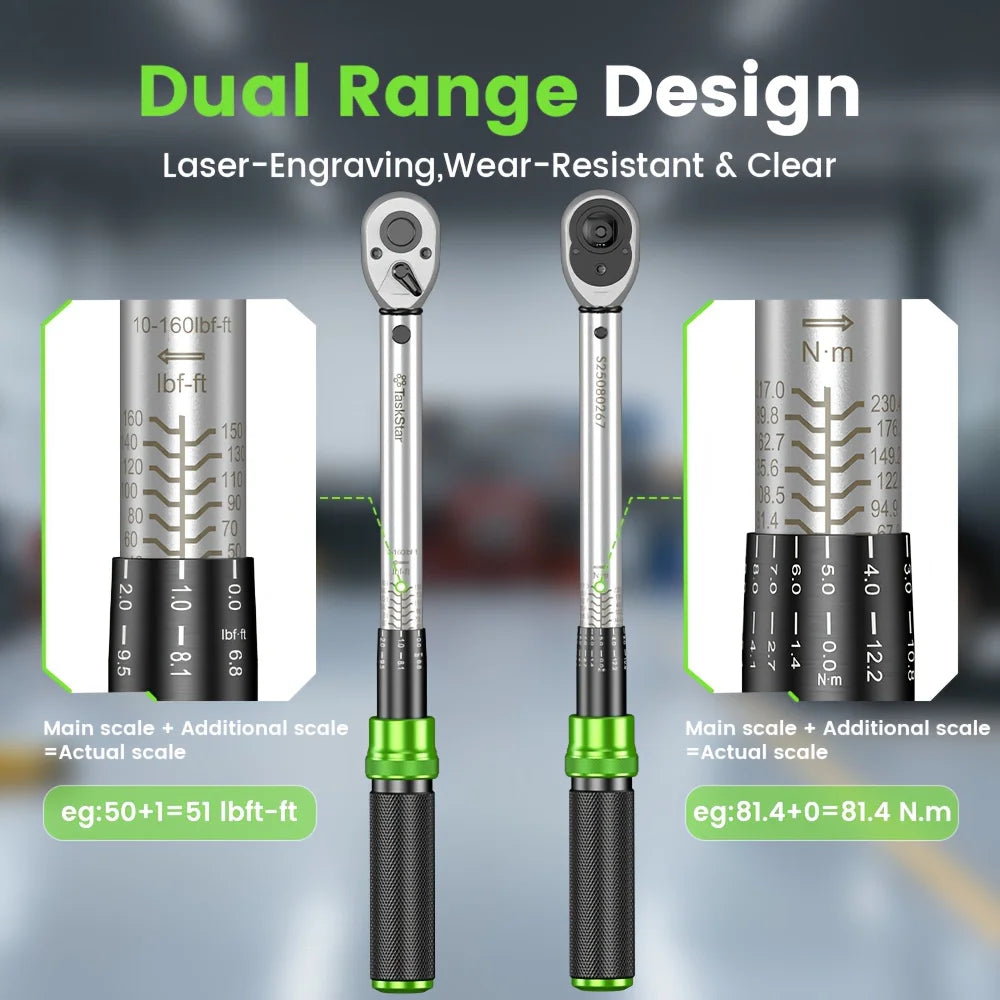 TaskStar 1/4" & 3/8" & 1/2" Drive Click Torque Wrench Kit 8pcs ±3% Accuracy 72 Tooth Dual Scale Ratchet Wrench for Bike/Moto Repair