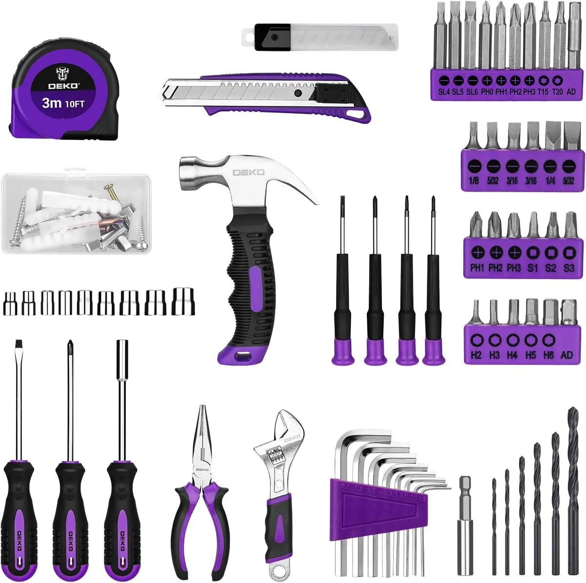 Tool Set with 8V Cordless Drill, 126-Piece Hand Toolbox Kit for Home Repairs, Purple Storage Case