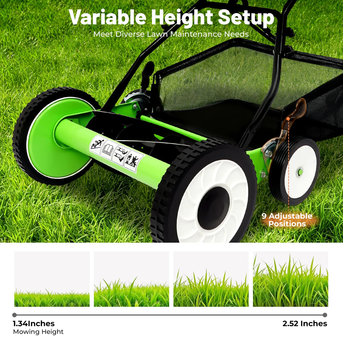 Bymaocar 16 Inch Manual Push Reel Lawn Mower 5-Blade Cordless Lawn Mower with 4 Wheels and Removable Grass Catcher for Home Garden Yard