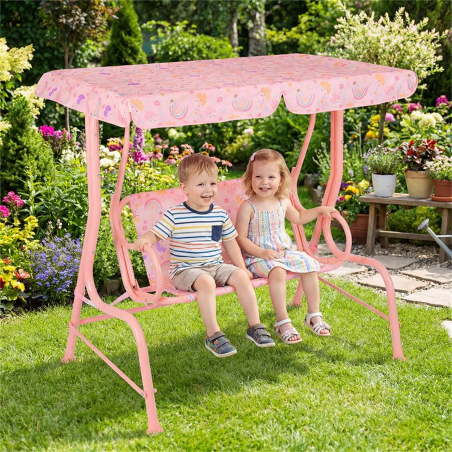 2-Seater Patio Swing with Adjustable Canopy and Safety Belts, Outdoor Toddler Swing Bench - PINK