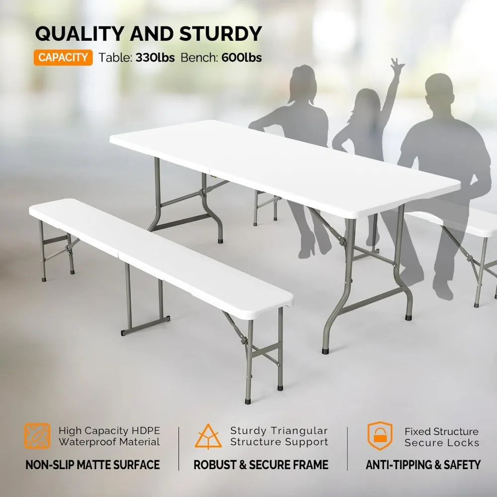 VINGLI 6 Feet 3-Piece Picnic Table Set with 2 Benches Folding Indoor Outdoor Furniture Smooth Tabletop White