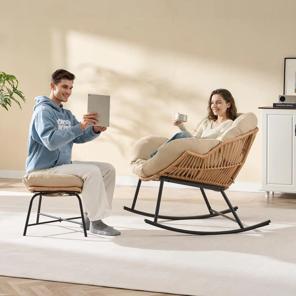 Papasan Rocking Chair with Ottoman, Oversized Wicker Rattan Egg Patio Chair Indoor Outdoor Lounge Rocker Chair for Garden