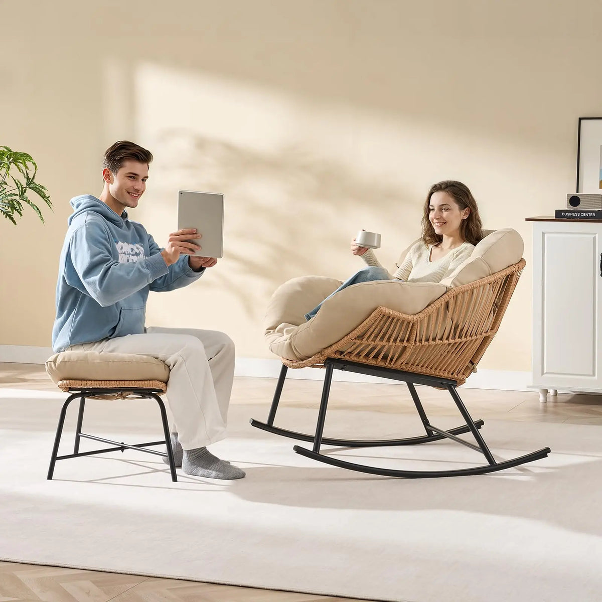 Papasan Rocking Chair with Ottoman, Oversized Wicker Rattan Egg Patio Chair Indoor Outdoor Lounge Rocker Chair for Garden