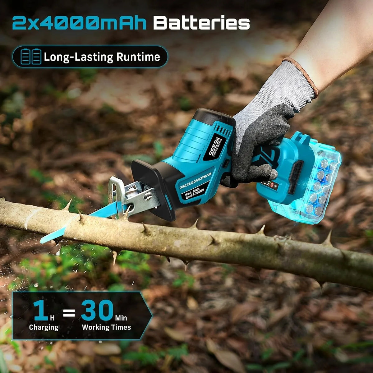 SEESII Cordless Reciprocating Saw, Variable Speed, 3500 RPM Brushless Motor, Portable Saw with 6 Saw Blades, 2 x 4.0Ah Batteries, For Wood & PVC Cutting