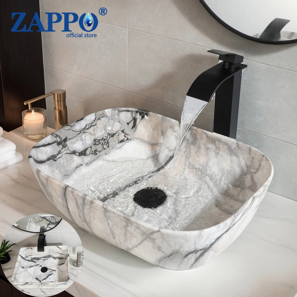 ZAPPO Artistic Marble Pattern Ceramic Sink Set, Black Matte Faucet Combo, Modern Bathroom Above-Counter Basin.