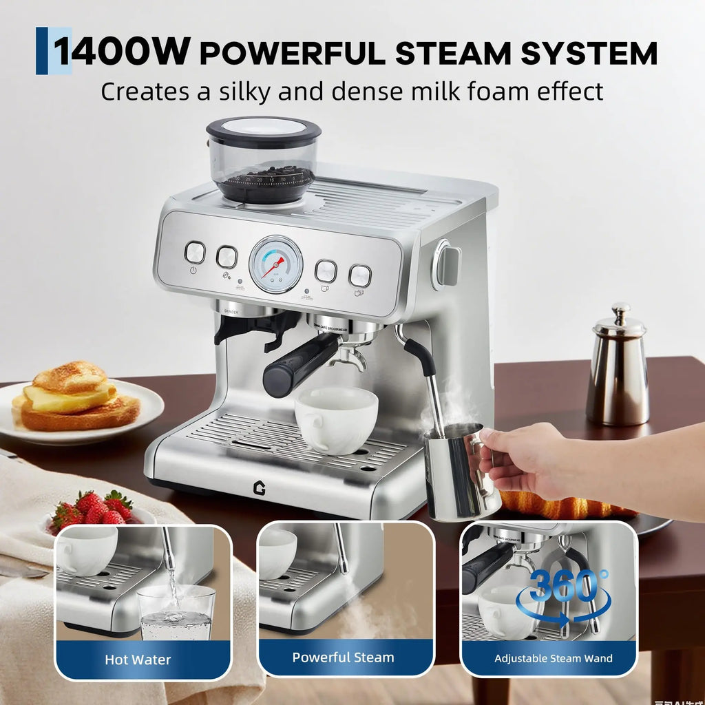HiMiss Espresso Machine With Grinder 20 Bar Stainless Steel Pressure Maker Featuring Removable 2.8L Water Tank Adjustable Shot Volume Professional For Home Barista And Office