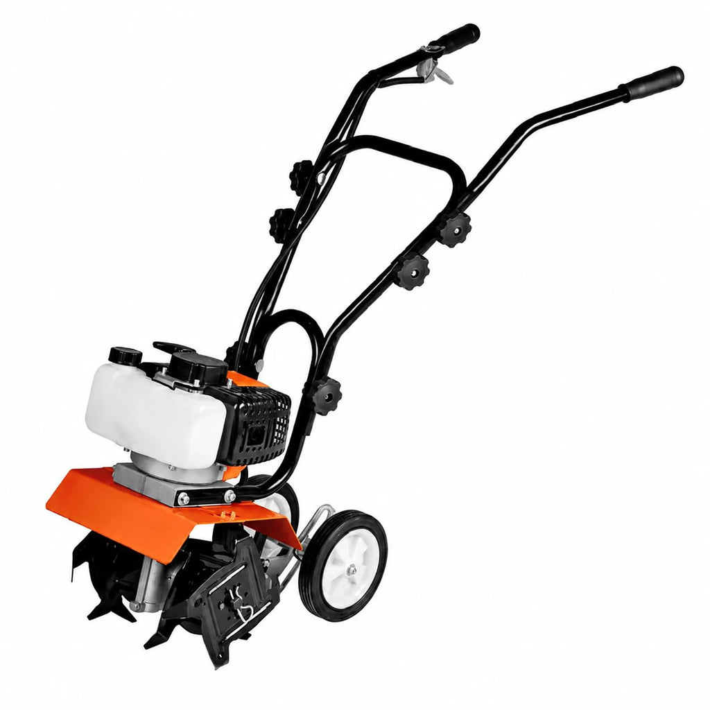 HiMiss 52CC Gas Garden Tiller Cultivator, 4 Tine Soil Rototiller With Adjustable Depth, 11.8in Width, Wheels For Lawn Field Flower Bed