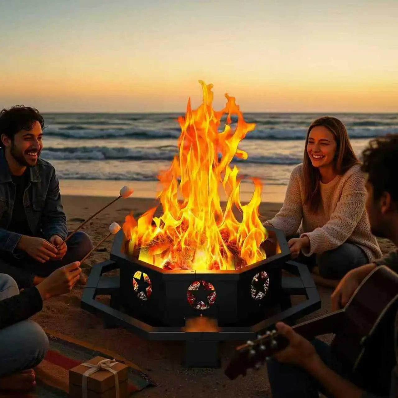 45 Inch Fire Pit for Outside, Wood Burning Firepit, Outdoor Octagonal Fire Pit with Poker, Large Firepit for Backyard, Patio