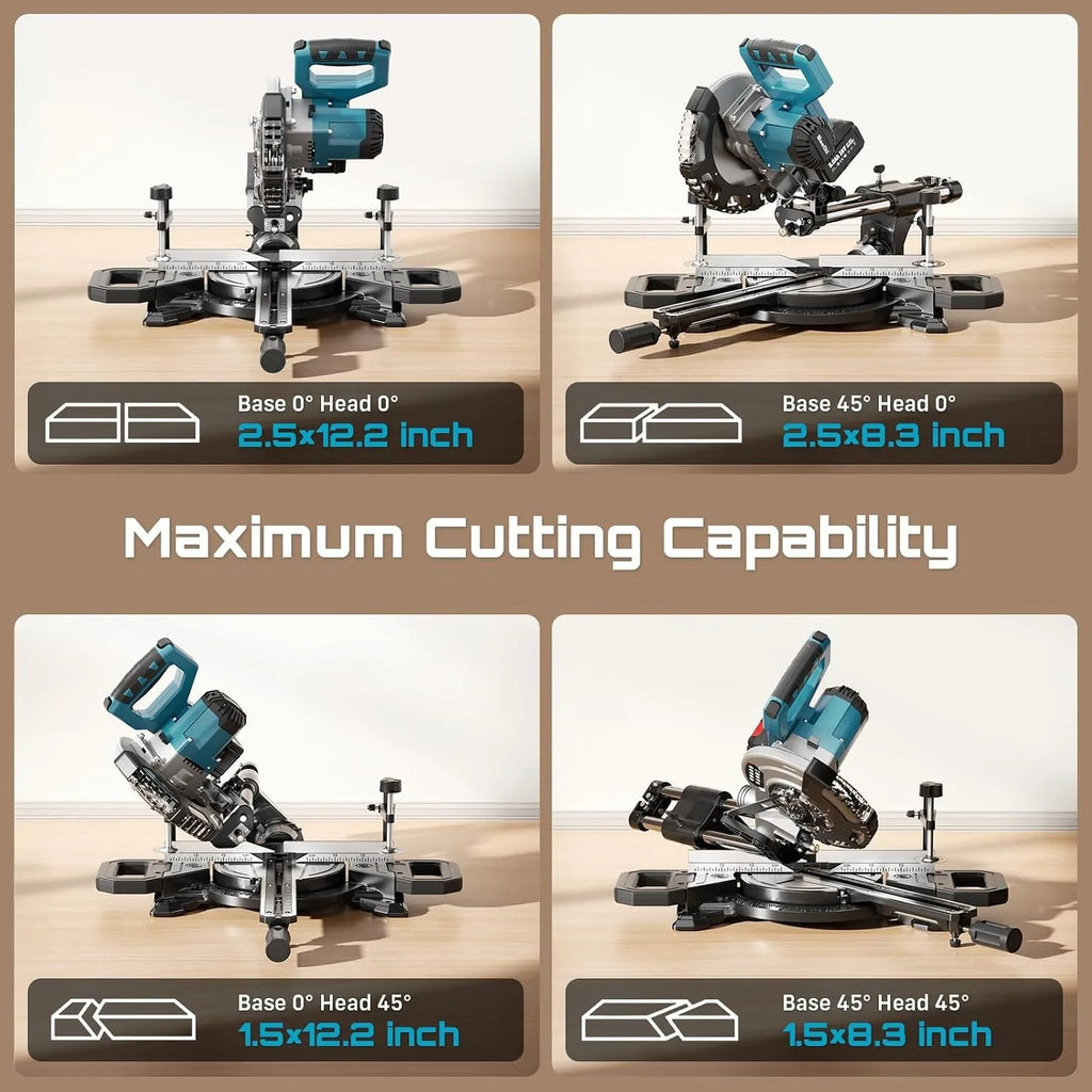 SEESII 8-Inch Sliding Compound Miter Saw Cordless Power Miter Saw with Laser Guide 2 pcs 5000 mAh Batteries Single Bevel 45° 24T TCT Blade Max Cut 2.5×12-inch Ideal for DIY & Woodworking