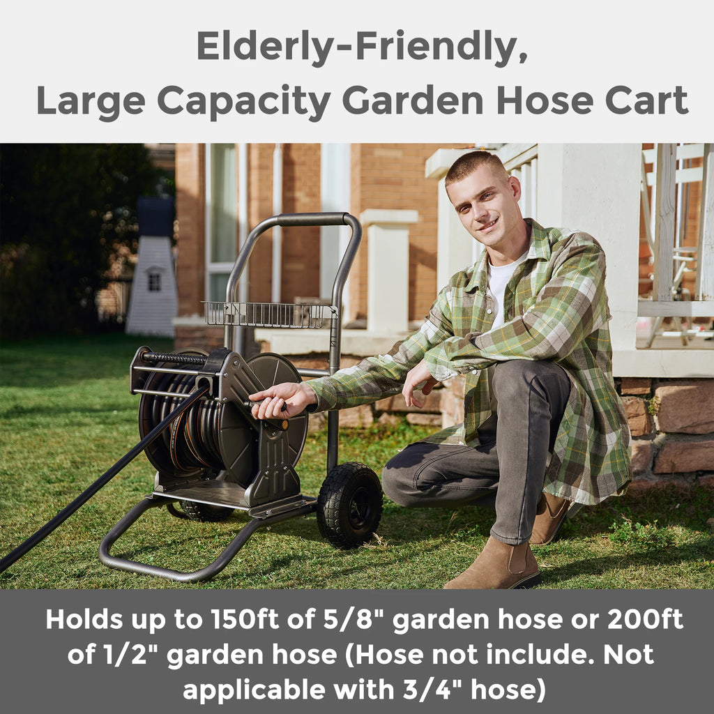 Giraffe Tools Garden Hose Reel Cart with Wheels, Heavy Duty Metal Water Hose Reel Cart, 200 ft of 1/2 Capacity, Mobile Hose Reel Cart for Outside