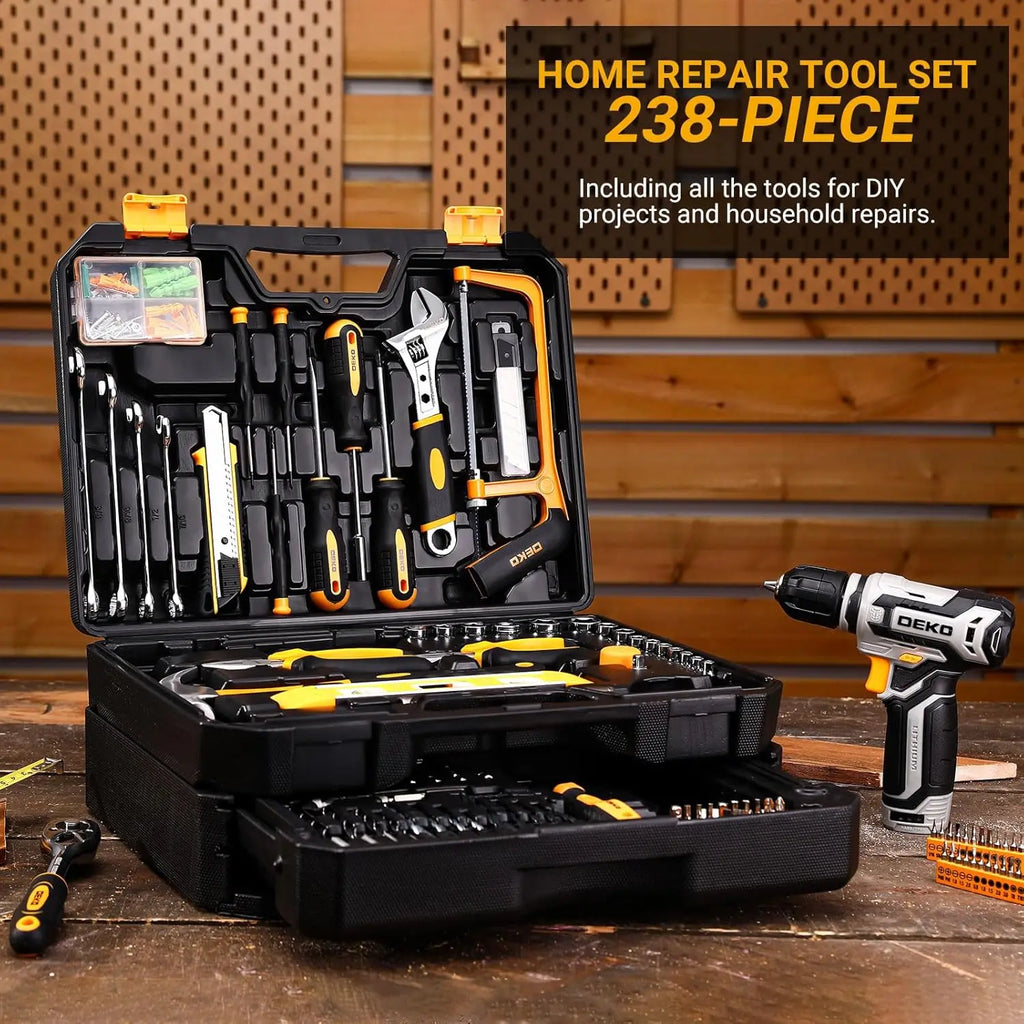 DEKO Home Mechanic Toolbox, 12V Power Cordless Drill, Hand Repair Tools Set, Molded Toolbox W/Drawer