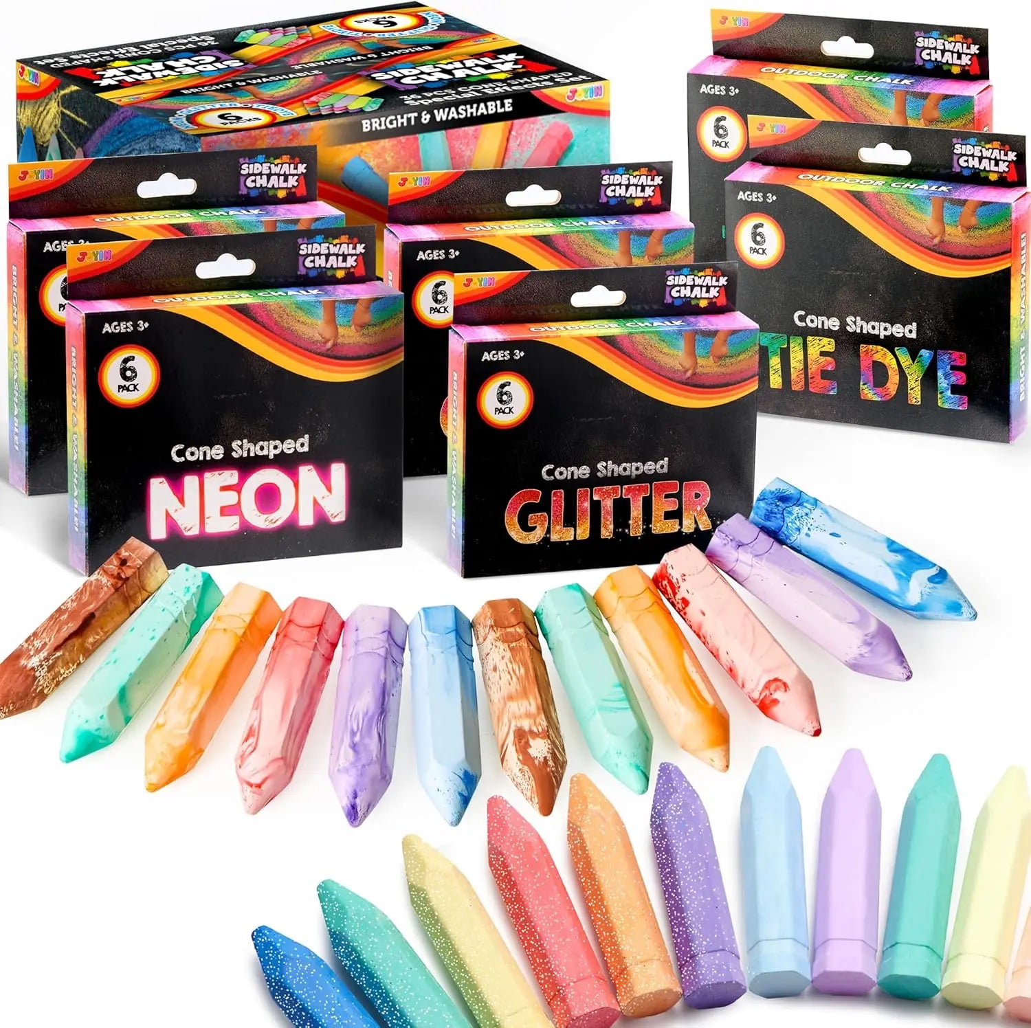 36 Washable Sidewalk Chalk, 6 Packs with Tie-Dye, Glitter & Neon Colors for Kids Outdoor Fun