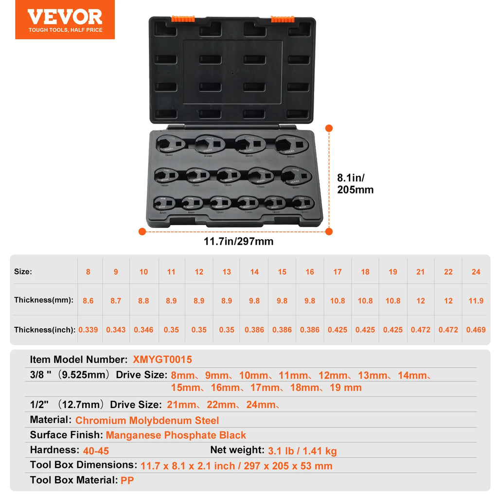 SucceBuy 14/20/24PCs Crowfoot Wrench Set 1/2" 3/8" Drive Crows Foot Wrench Set CR-MO Steel Crowfoot Wrench Set
