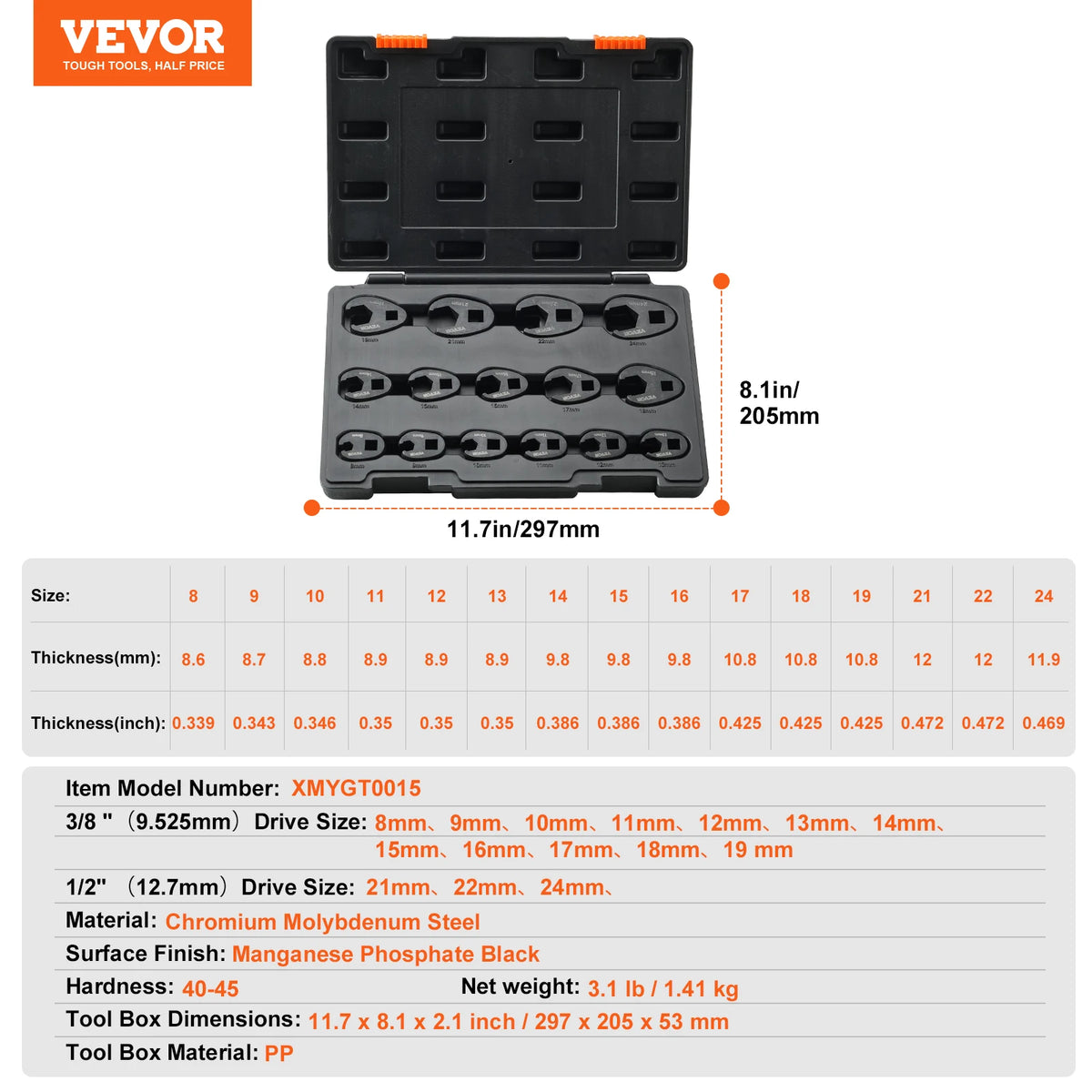 SucceBuy 14/20/24PCs Crowfoot Wrench Set 1/2" 3/8" Drive Crows Foot Wrench Set CR-MO Steel Crowfoot Wrench Set