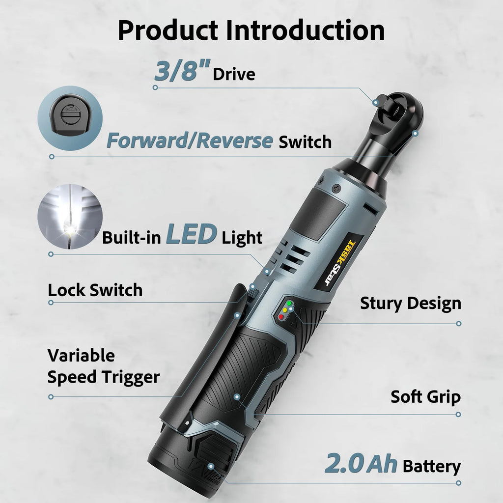 TaskStar 3/8" Driver Cordless Ratchet Wrench with 1/4" Adapter &7 Sockets & 2 2.0Ah Batteries 12V Car Dismantling Tool Electric Wrench Kit