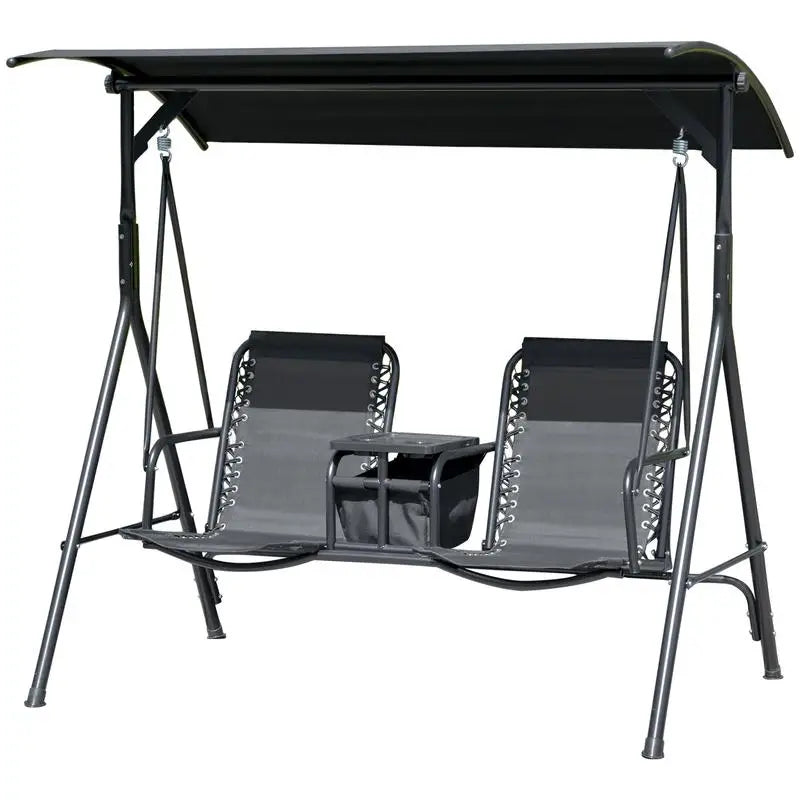 2-Seat Outdoor Porch Swing, with Pivot Storage Table, Cup Holder, & Adjustable Overhead Canopy, Stand's Skid-Resistant Feet Pad, Breathable Mesh Seat, Steel Frame, for Patio, Black
