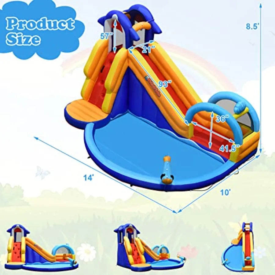 OlaKids Outdoor inflatable water slide for backyard use PVC material blue and gray 14FT x 10FT x 8.5FT shark theme with splash pool, stairs & water cannon