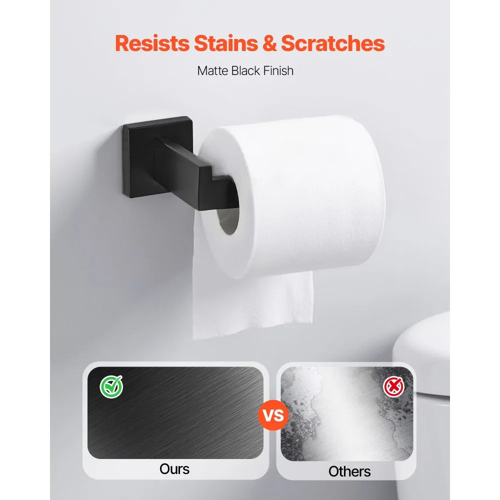 Matte Black Bathroom Hardware Set 5 Pieces Stainless Steel Towel Bar Rack 16 Inch Towel Holder 2 Robe Hooks Toilet Paper Holder Wall Mounted Bathroom Accessories