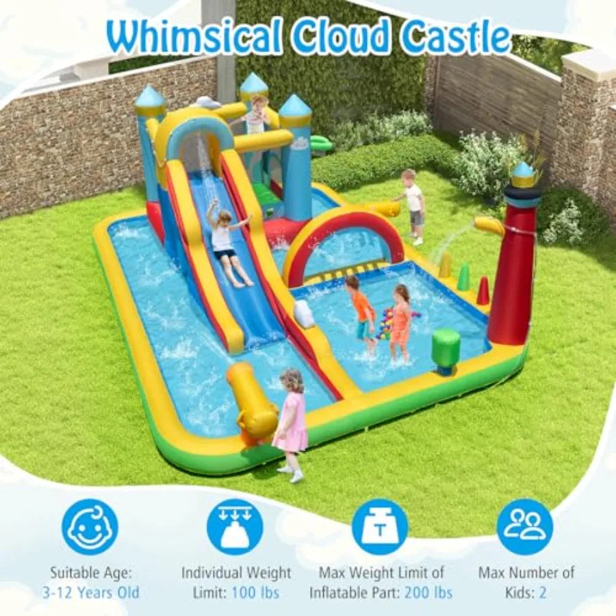 YAO HUI HUANG Outdoor inflatable water slide combo for kids: PVC material blue and yellow mega splash pool + long wet slide + bouncy castle d