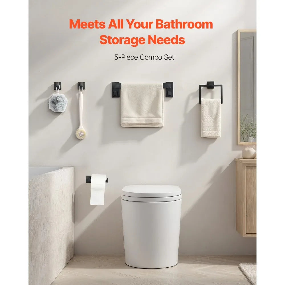 Matte Black Bathroom Hardware Set 5 Pieces Stainless Steel Towel Bar Rack 16 Inch Towel Holder 2 Robe Hooks Toilet Paper Holder Wall Mounted Bathroom Accessories