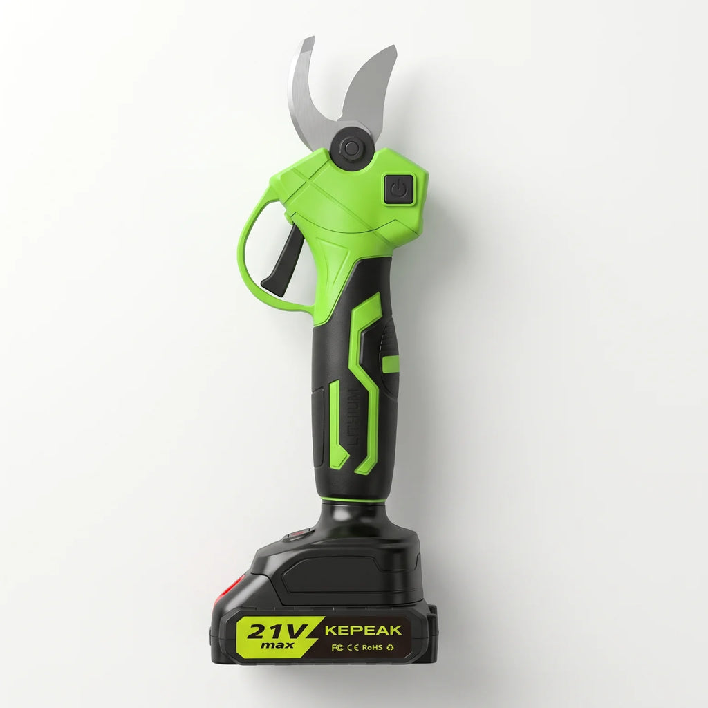 Kepeak Green Cordless Electric Pruner Tree Branch Cutter SK5 Sharp Blade 1.18 Inch Cut 10 Cells Two Batteries One Charger 13000mAh Rechargeable Battery 60 Min Fast Charging Lightweight Ergonomic For Orchard Garden Farm Prunin
