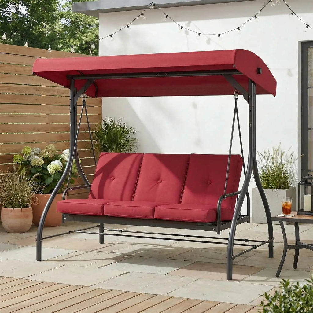3-Seat Patio Swing with Adjustable Canopy & Backrest, Outdoor Porch Swing That Converts to Bed W/Thickened Removable Cushions & Up to 750LBS Capacity, For Porch, Backyard, Courtyard, Garden, Patio, Balcony, Poolside