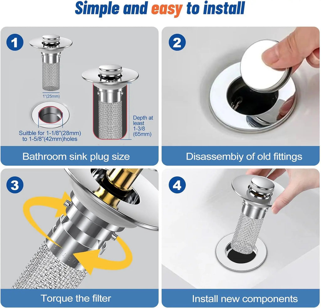 Bathroom Sink Plug Stopper Stainless Steel Filter Basket Sink Drain Hair Catcher for Washroom Restroom Kitchen