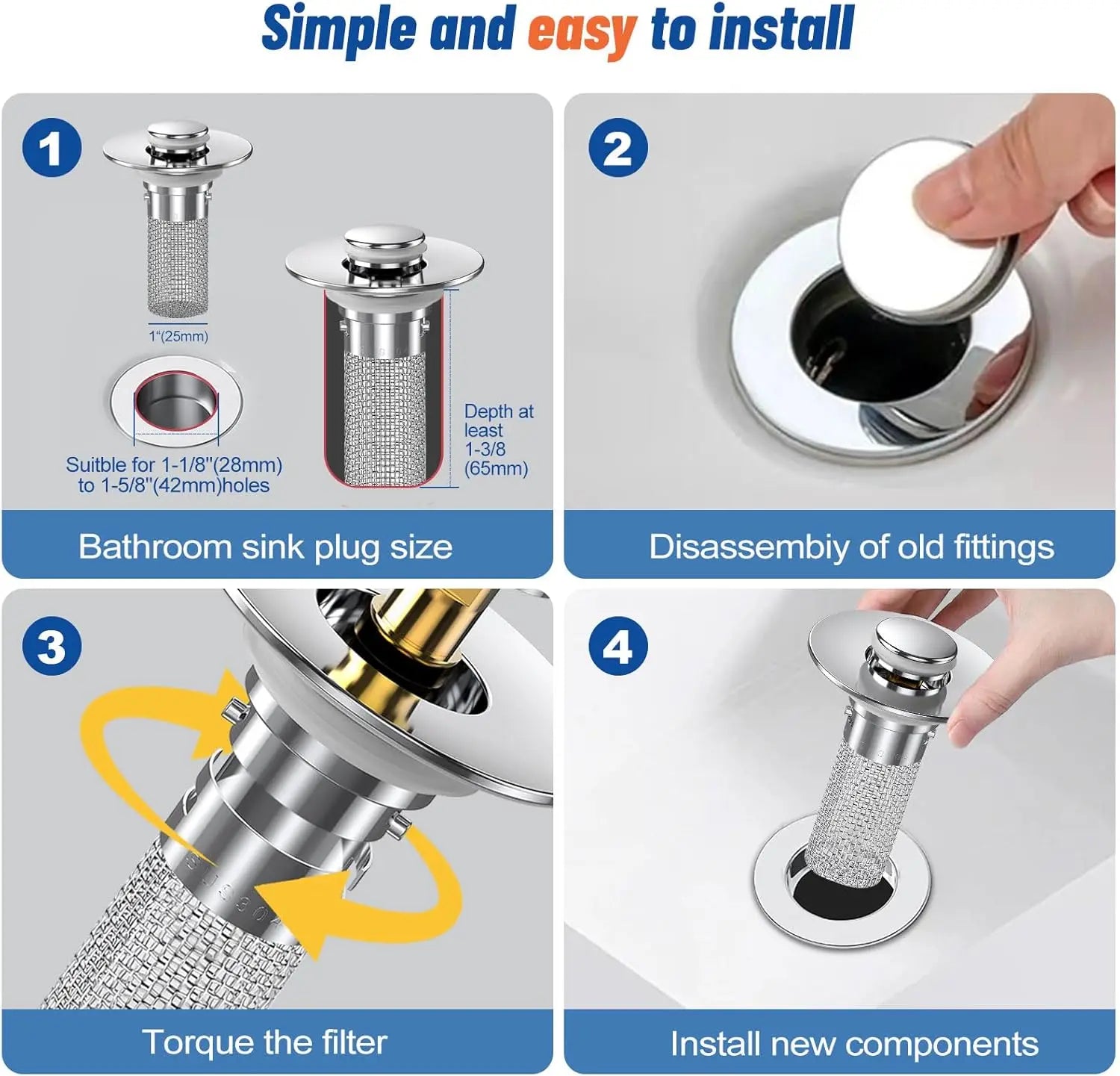 Bathroom Sink Plug Stopper Stainless Steel Filter Basket Sink Drain Hair Catcher for Washroom Restroom Kitchen
