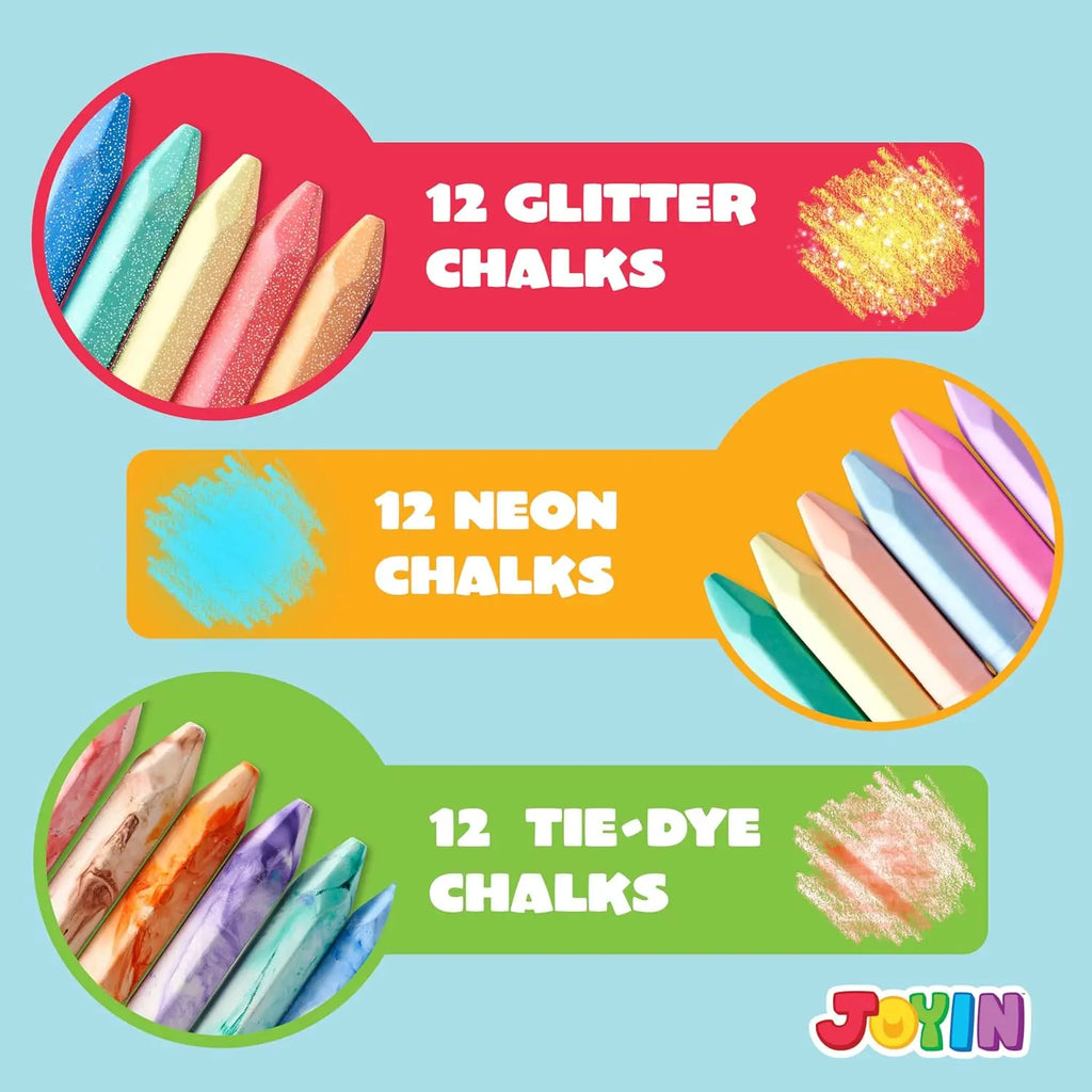 36 Washable Sidewalk Chalk, 6 Packs with Tie-Dye, Glitter & Neon Colors for Kids Outdoor Fun