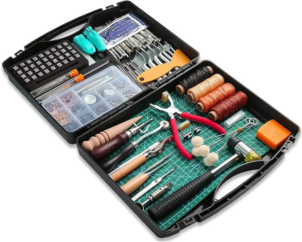 273-Piece Leather Crafting Kit, Leather Working Kit With Toolbox, Cutting Mat, Stamps, and Rivets for DIY Projects