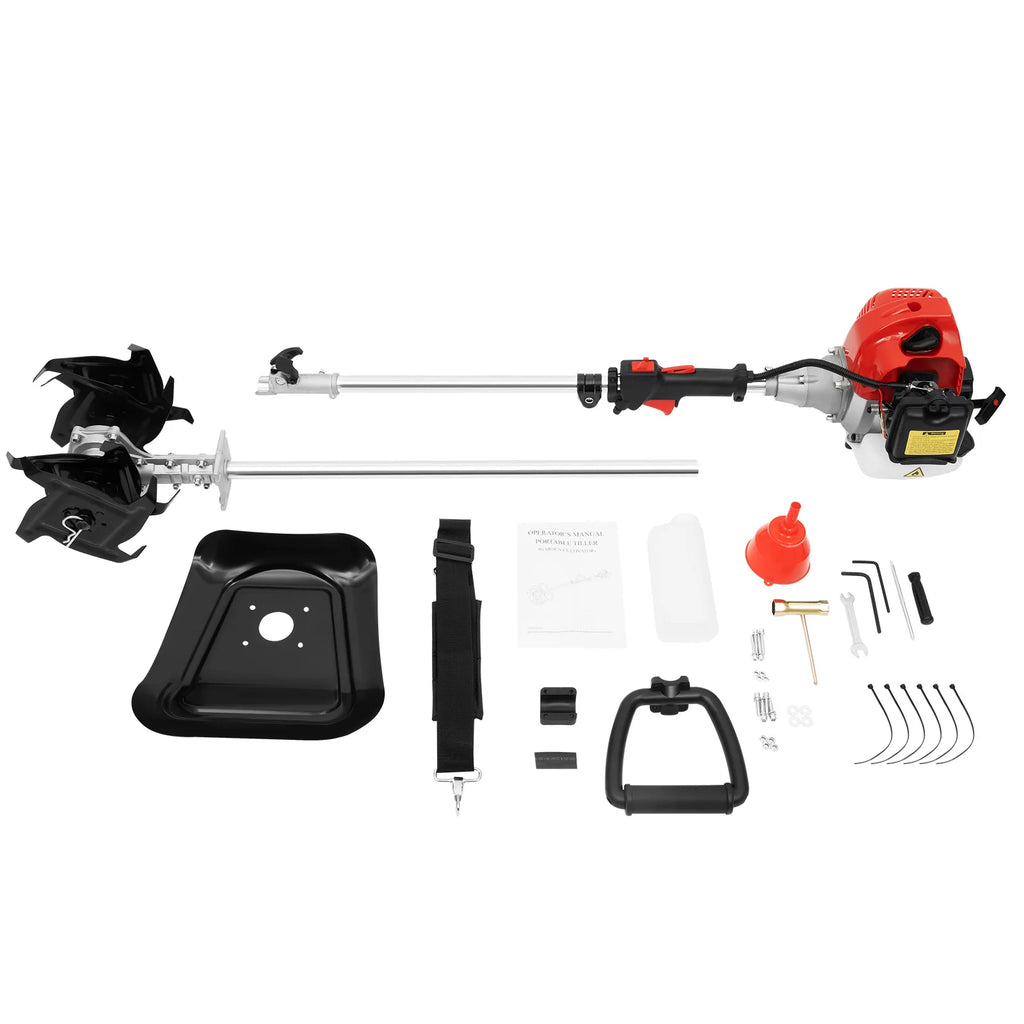 51.7cc Mini Gas Cultivator Cordless Garden Tiller 1.45kW 9 Inch Tilling Width 3.5 Inch Depth with 76.6in Long Pole for Soil Weeding