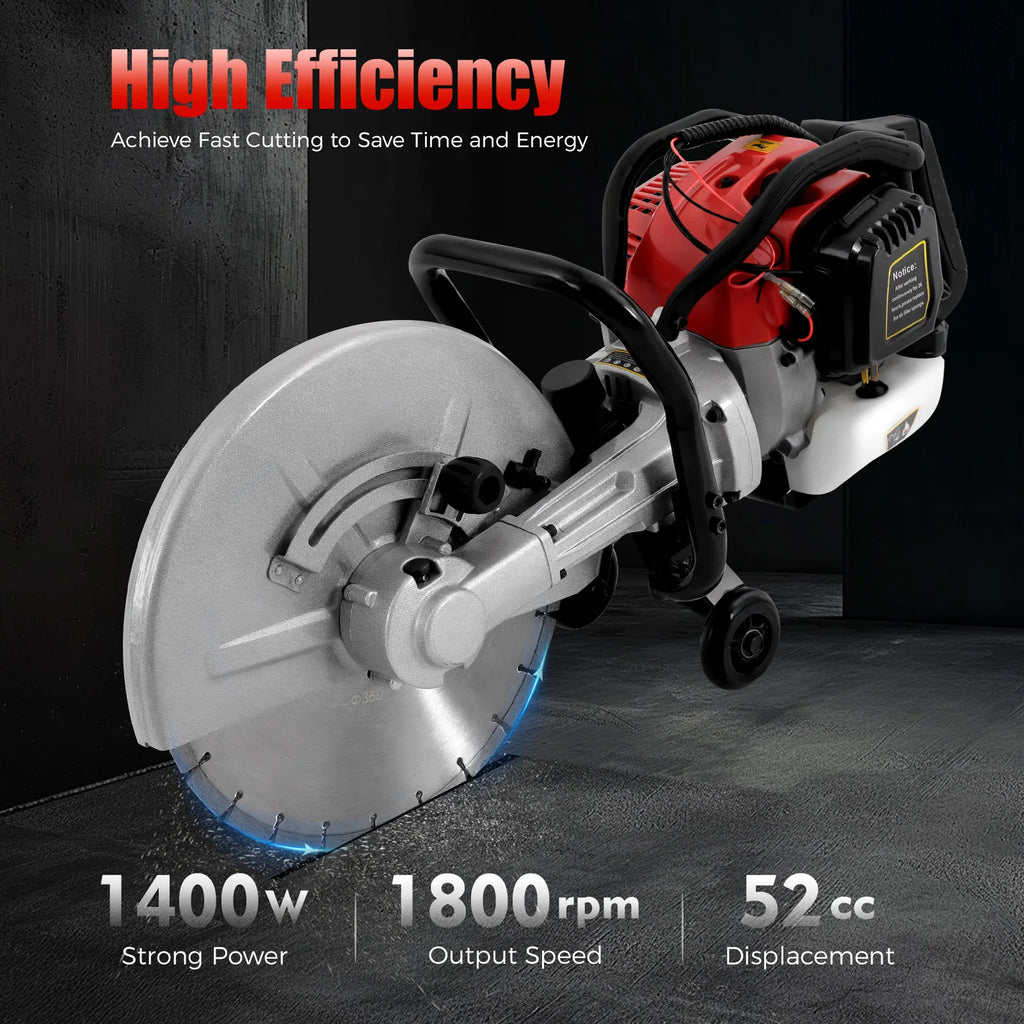 Bepritm 52CC Gas-Powered Concrete Cutting Saw, 1400W High Torque Demo Saw with 350mm Blade 4in Max Cut Depth, 2-Stroke Wet Saws Cutter for Granite, Brick, Reinforced Concrete