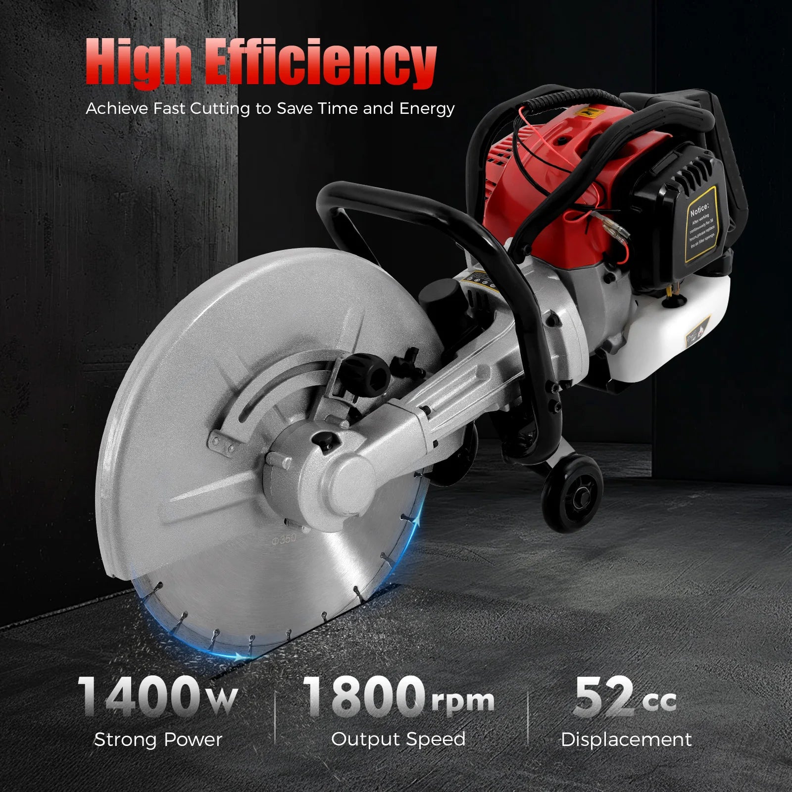 Bepritm 52CC Gas-Powered Concrete Cutting Saw, 1400W High Torque Demo Saw with 350mm Blade 4in Max Cut Depth, 2-Stroke Wet Saws Cutter for Granite, Brick, Reinforced Concrete