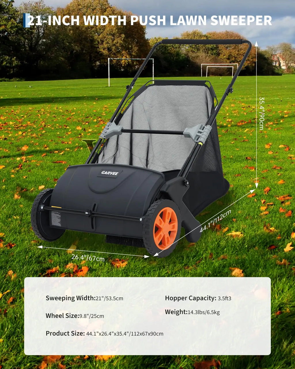 Garvee Manual Lawn Sweeper 21-Inch Push Leaf Sweeper With 4 Brushes, 3.5 Cu. Ft. Hopper, Height Adjustable For Yard, Patio, Driveway