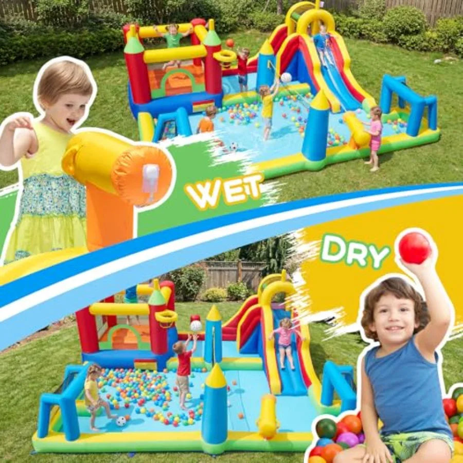 Yao Hui Huang Backyard party inflatable water slide bounce house combo with football/volleyball/basketball area giant splash pool 9-in-1 outdoor play center