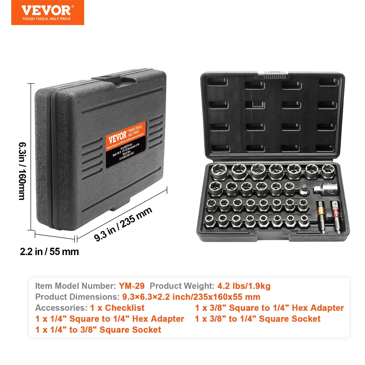 SucceBuy 29PCs Bolt Extractor Set Bolt and Nut Remover Set 6mm-10mm 13/32" to 3/4" CR-MO Steel Extraction Socket Set with Case