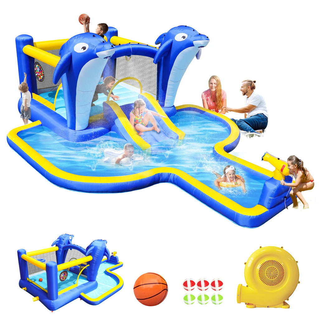 8 in1 Inflatable Slide Water Park Trampoline Bouncing House Outdoor Garden With Dolphin Sprinkler Target Games Water Gun Basketball