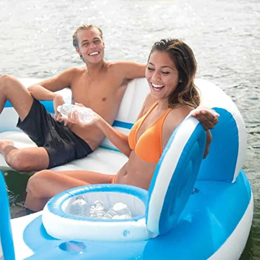 YAO HUI HUANG Splash N Chill inflatable lake and pool relaxation island lounger seat for up to 7 adults PVC material blue and white extra-large W/Built-In Cooler