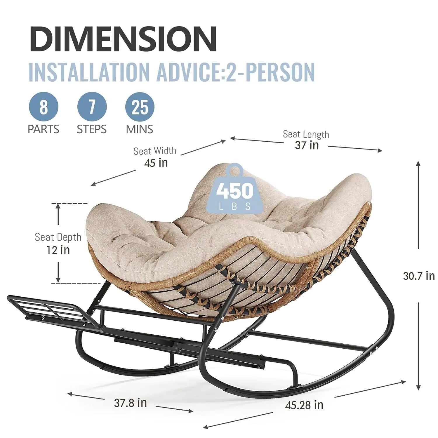 Oversized Rattan Rocking Chair with Footrest Cushioned Lounge for Patio Garden Bedroom Balcony 550Lbs Capacity, Customized