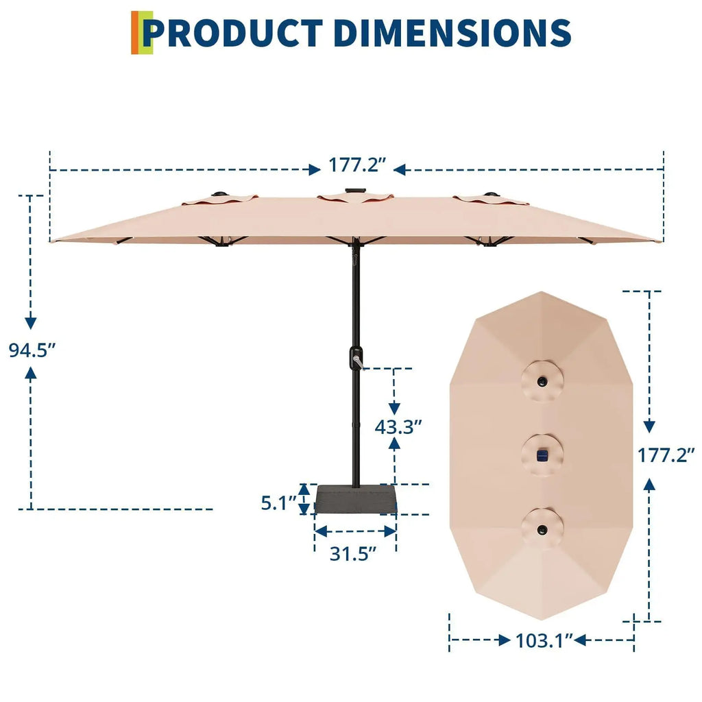 15Ft Outdoor Patio Umbrella, Umbrella With Solar LED Lights & Base, Large Rectangle Sunshade W/Crank Handle, UV Protection For Pool/Lawn