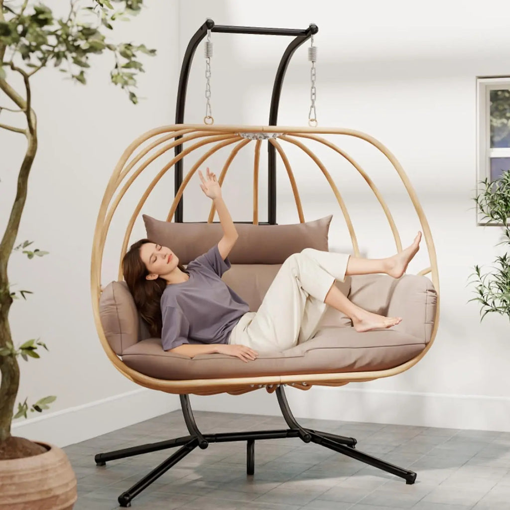 Double Egg Hanging Swing Chair with Stand Cushions Headrest 80"H Metal Basket for Indoor Outdoor Patio Deck Brown, Customized
